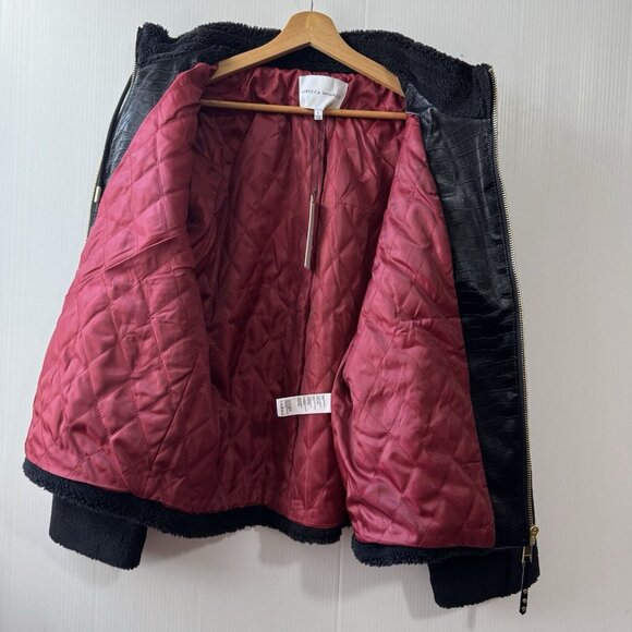 NEW Rebecca Minkoff Women’s Faux Shearling Zip Front Bomber Jacket Sz L Black - Picture 4 of 16